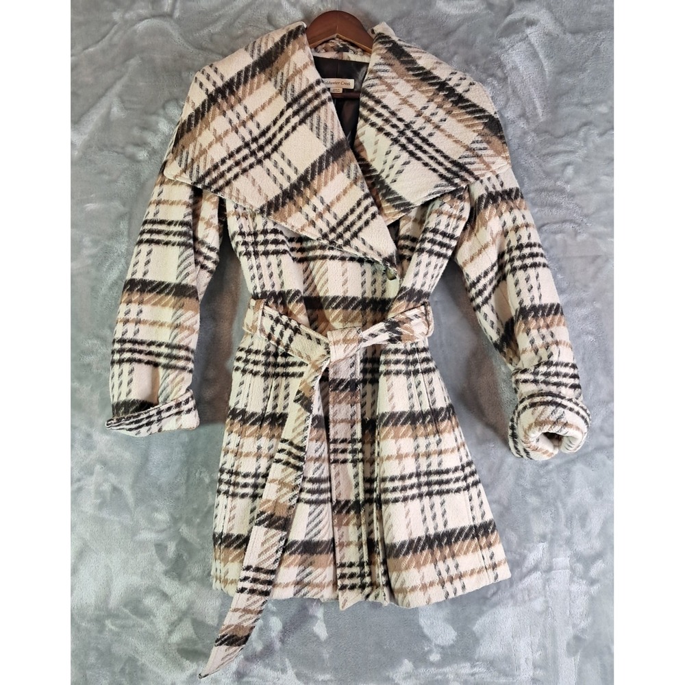Coldwater Creek Plaid Belted Trench Coat Womens XS Shawl Collar Jacket 4020379